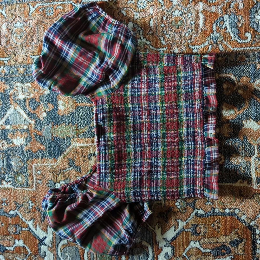 Cropped tartan print puff sleeve top